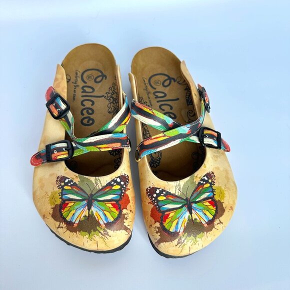 Calceo Colorful Butterfly Patterened Clog Vegan Leather Quirky Garden Artsy - Picture 1 of 10
